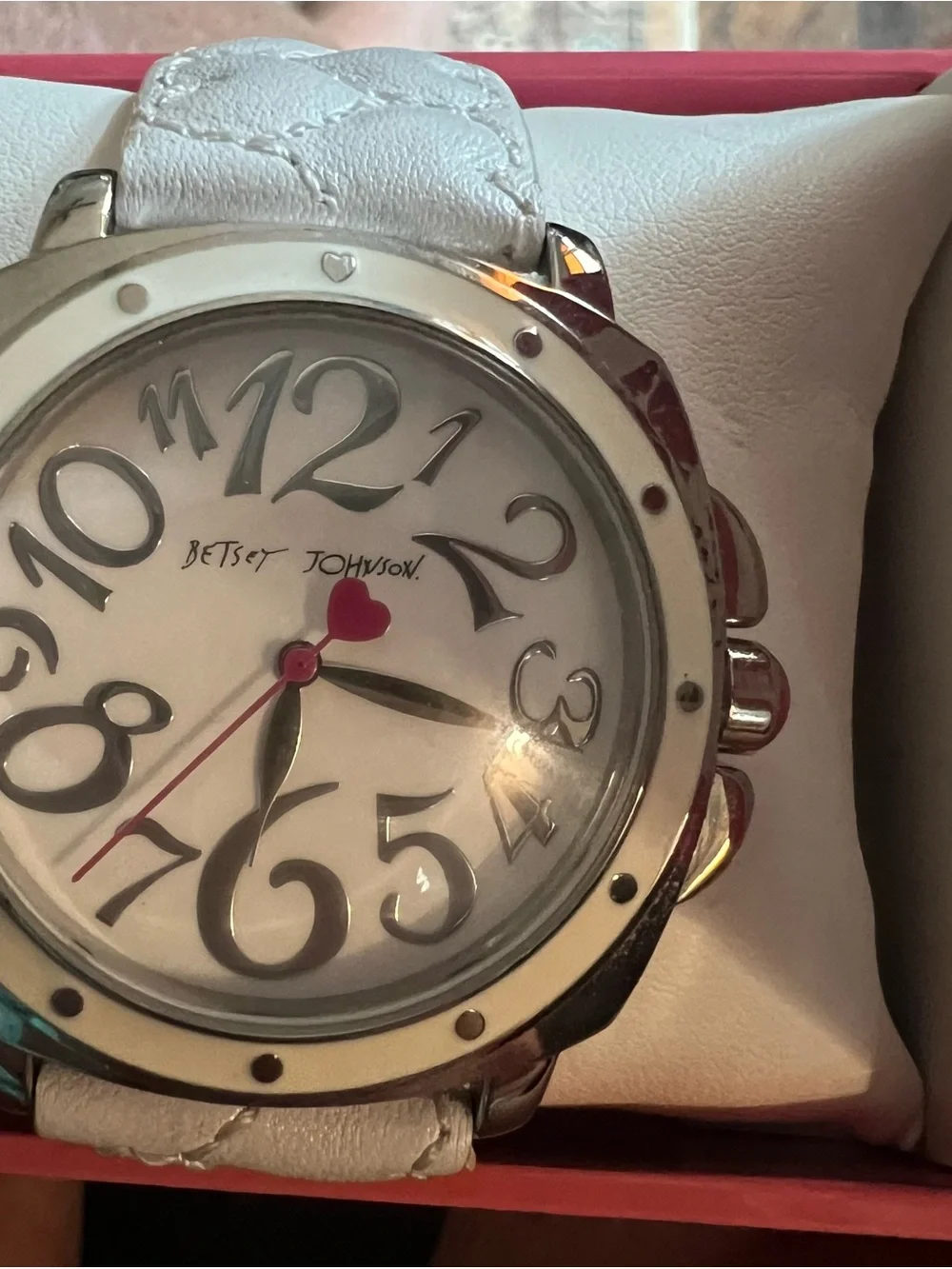 Betsey Johnson White Quilted Strap Silver-Tone Dial Watch with Red Hand
